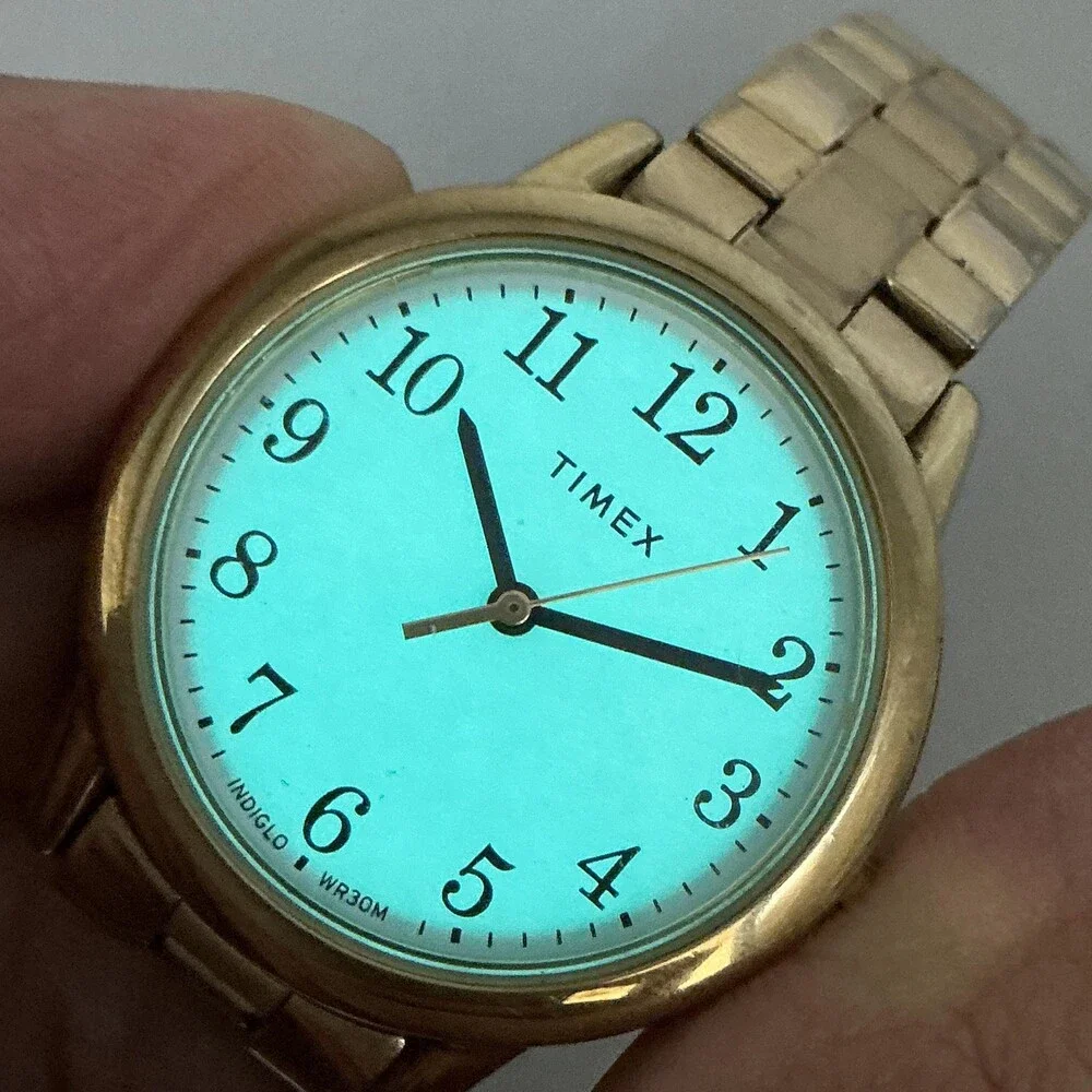 Timex Indiglo WR30M Womens Watch 30mm White Dial Gold Tone Bracelet New Battery